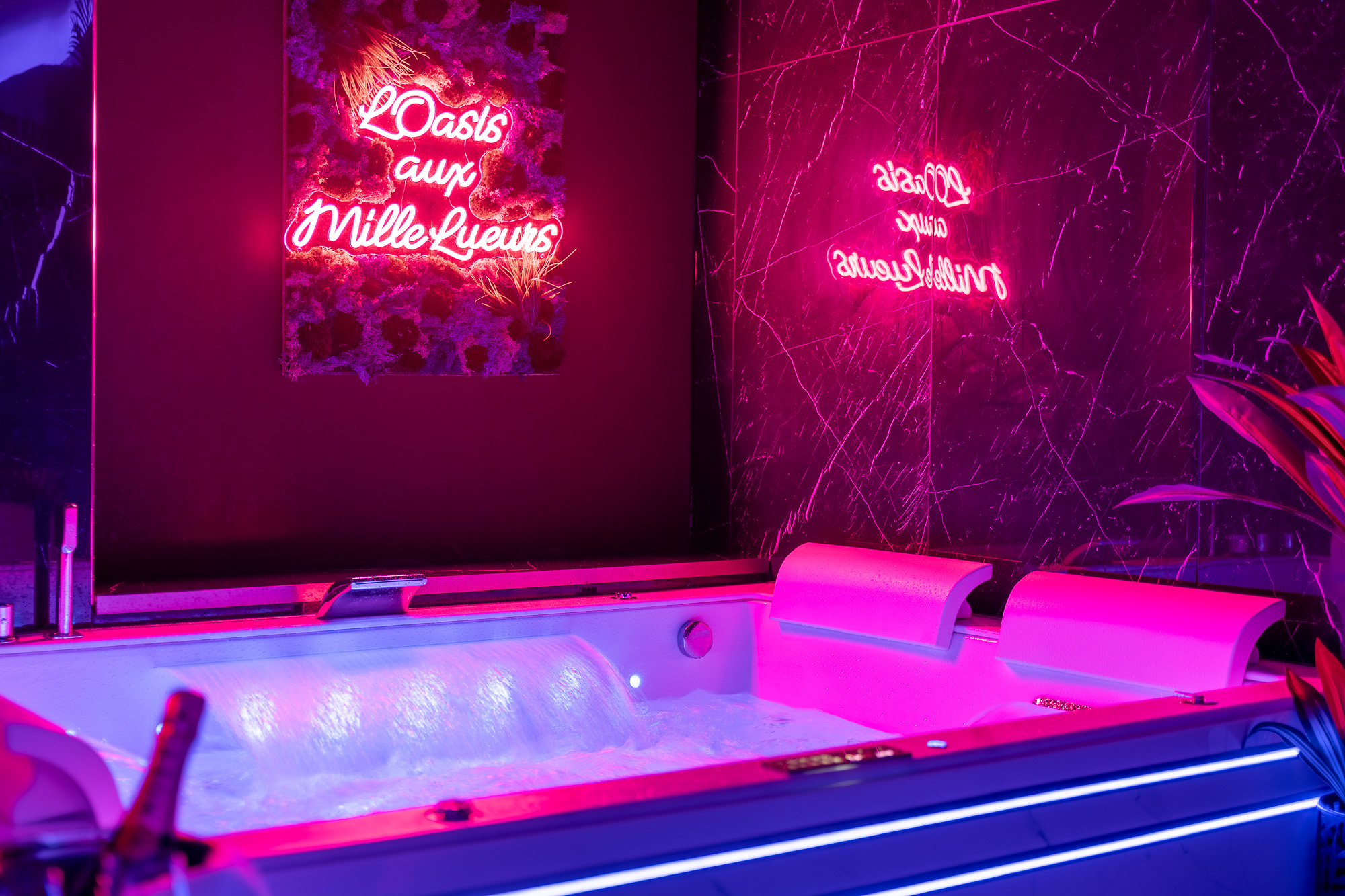 Détail baignoire balnéo enseigne néon végétale — L'Oasis aux Mille Lueurs Airbnb Toulouse